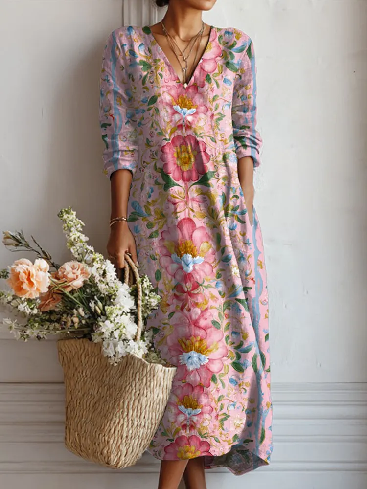 Women's Vintage Floral Art Print Causal Cotton Linen Pocket Dress