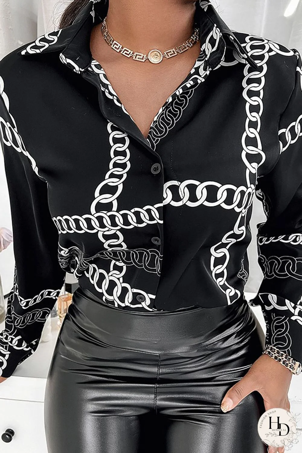 White Casual Print Patchwork Buckle Turndown Collar Tops