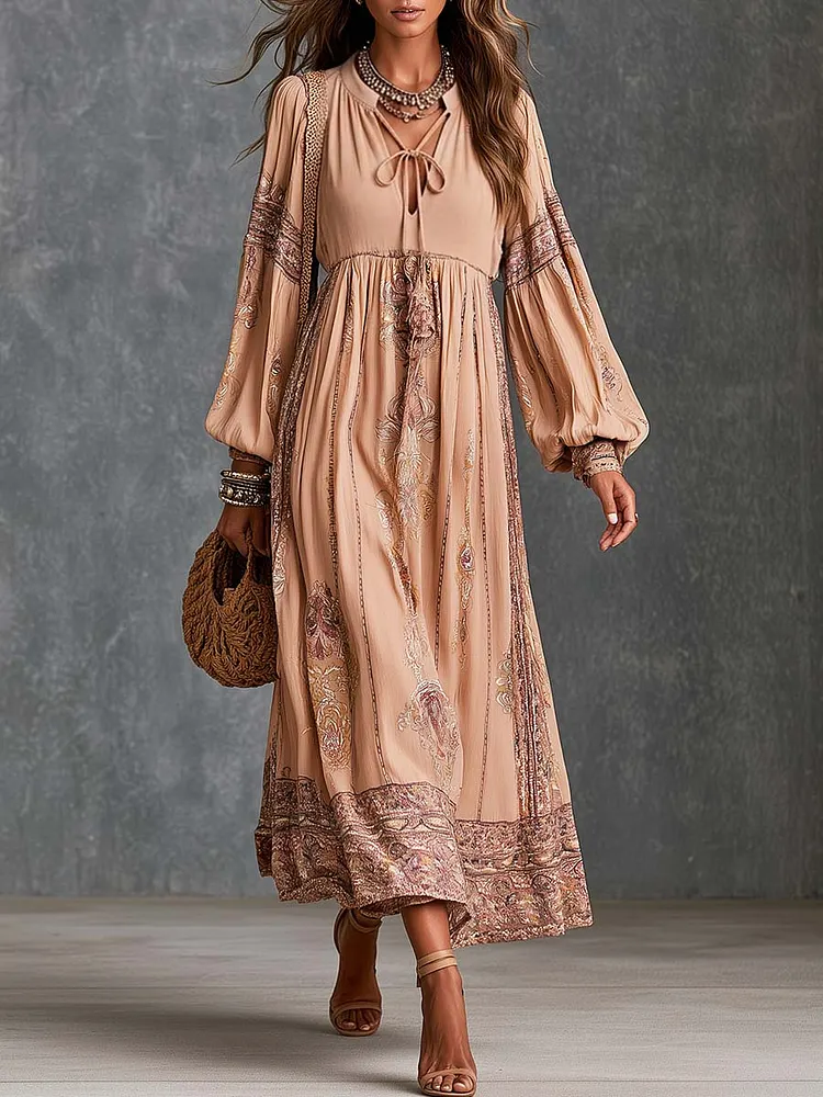 Boho Paisley Border Print Tie-Neck Bishop Sleeve Midi Dress
