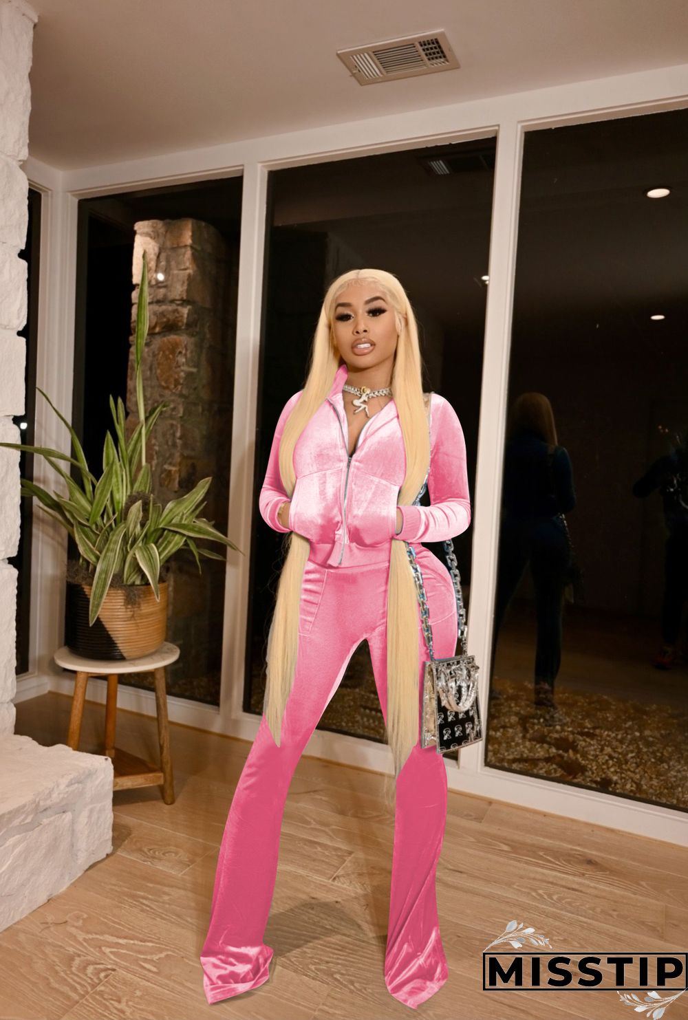 Velvet Solid Zip Jacket Crop Top Flared Pants Set