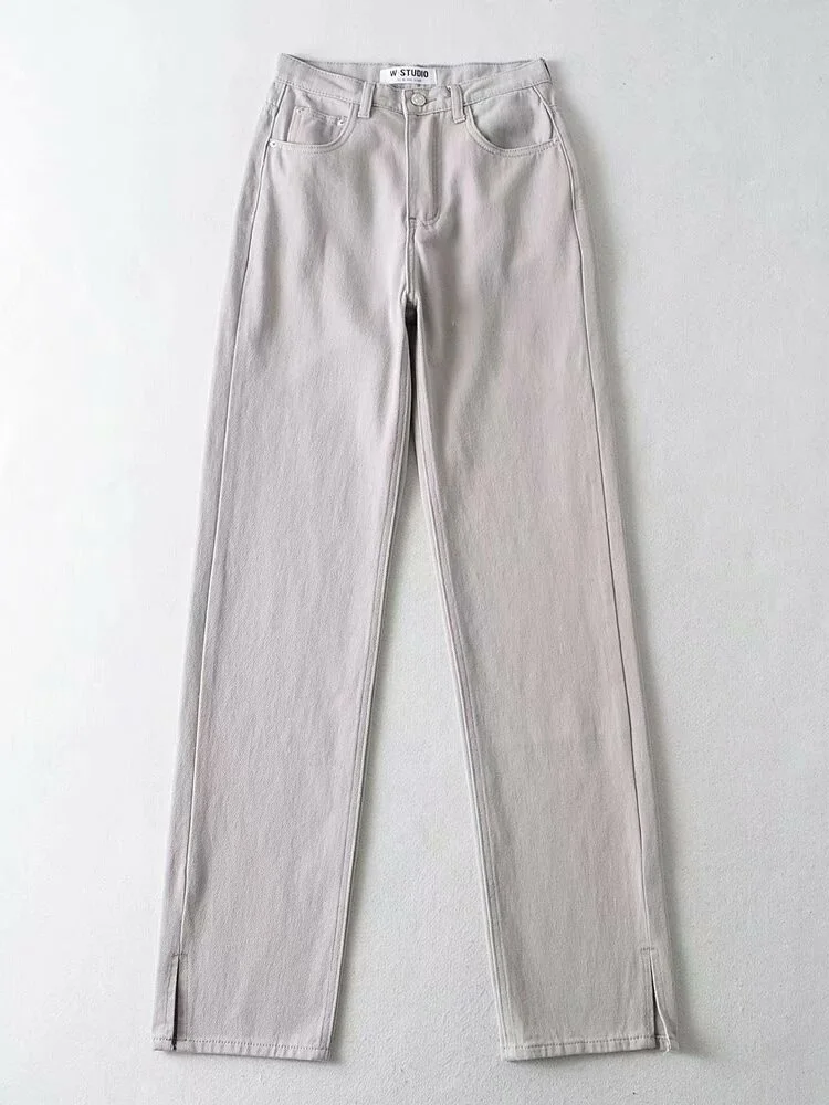 Brownm Waist Straight Leg Jeans Women 2023 Gray Long Denim Pants Female Women's Jean Boyfriend Slim Side Split Jeans For Women