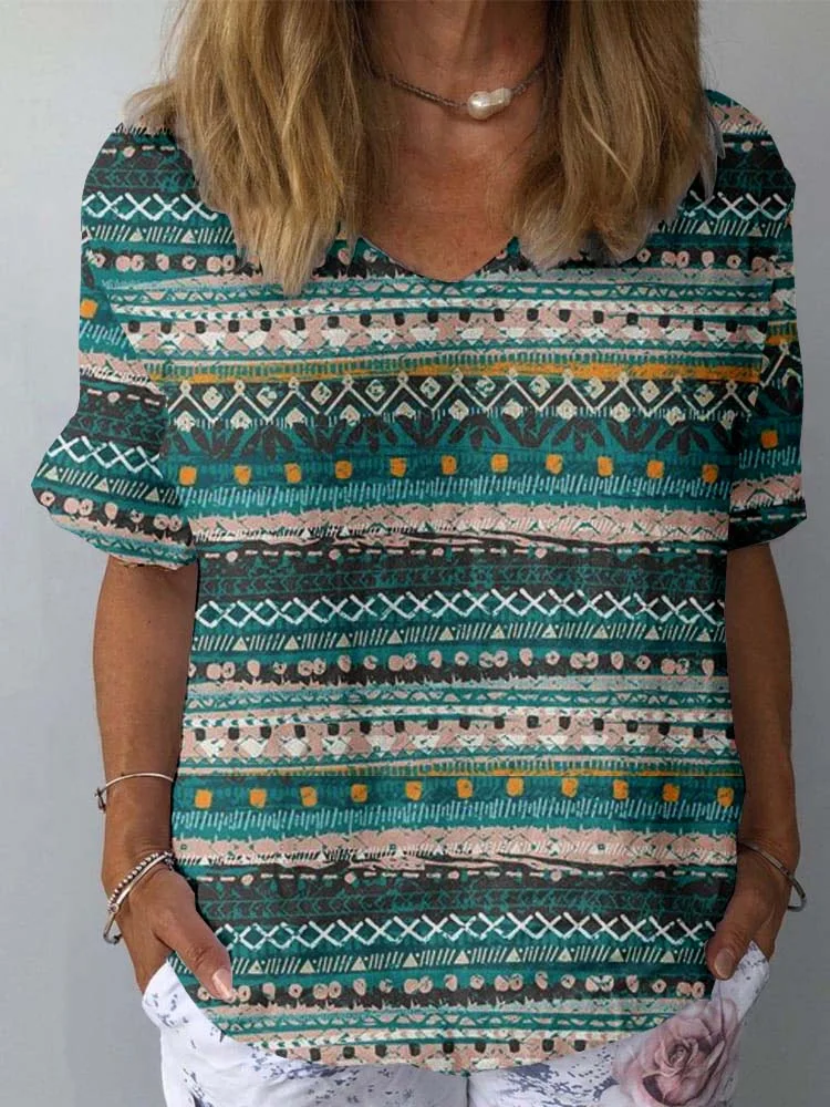 Womens Bohemian Striped Pattern Cotton and Linen Short Sleeve Top
