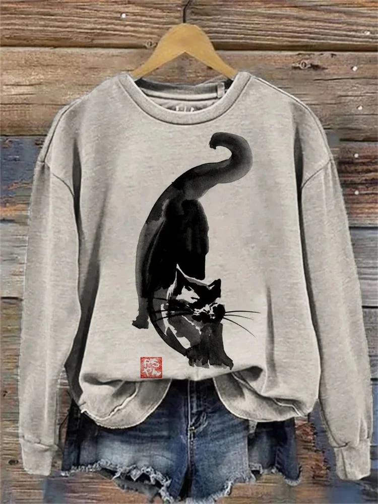 Women's Ink Cat Art Print Hoodie