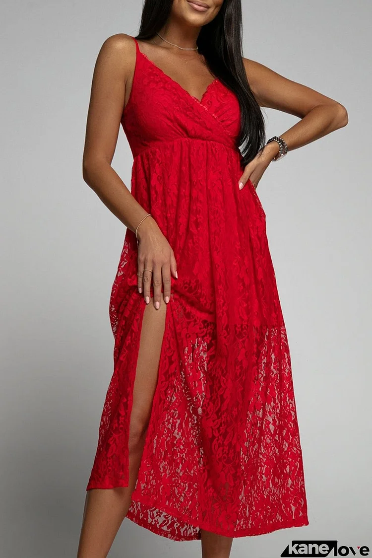 Lace V Neck Wrap Spaghetti Straps Maxi Dress