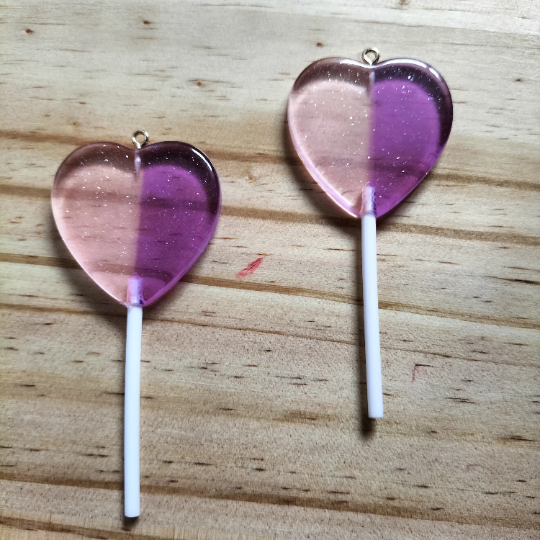 10 pcs Pink Purple Heart Resin Lollipop Charms,Glitter Heart Candy Lollipop Charm Pendant DIY decoration Earrings Necklace Key chain DIY