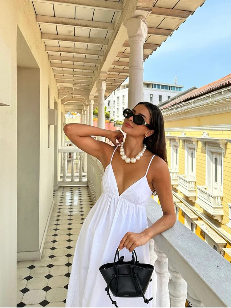 Women's White Elegant Halter Pure V Neck Sexy Backless Spaghetti Strap Long Beach Holiday Casual Party Maxi Dresses