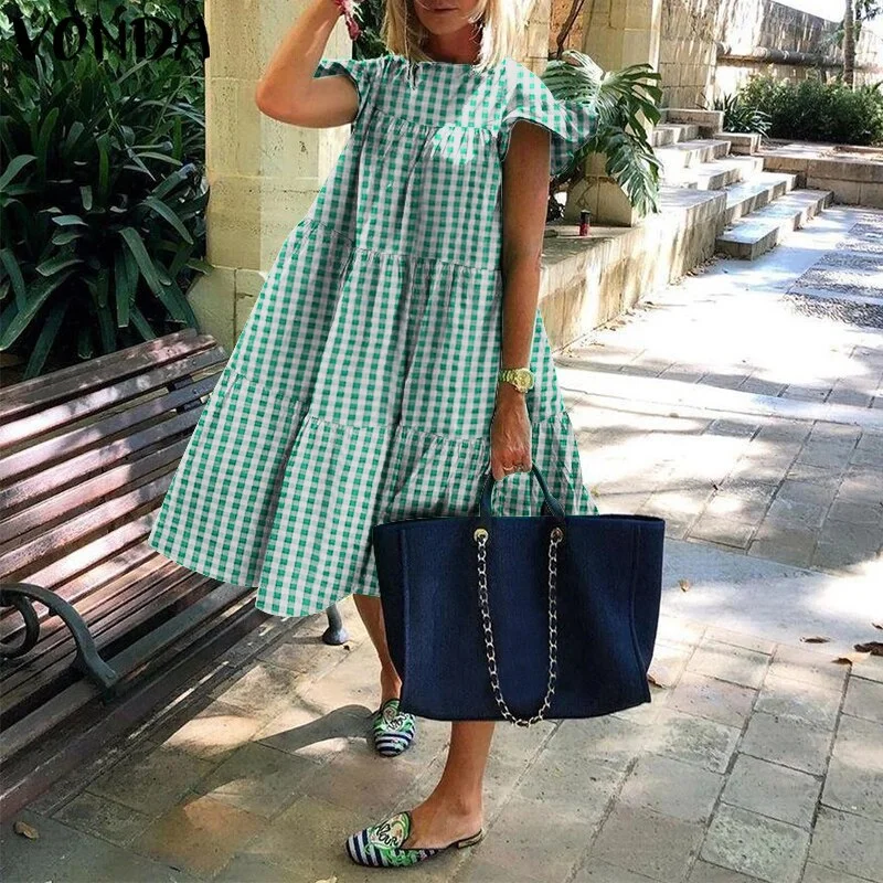 VONDA Summer Cotton Dress Women Casual Short Sleeve Ruffled Cuff Dresses Loose Patchwork Bohemian Vestidos  Knee-Length Dress