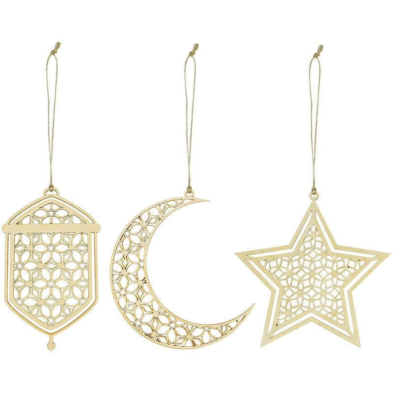 3Pcs Wooden Eid Mubarak Hanging Pendant Ornament Ramadan Kareem Gift Islam Muslim Home Table Decoration DIY Craft Party Supplies