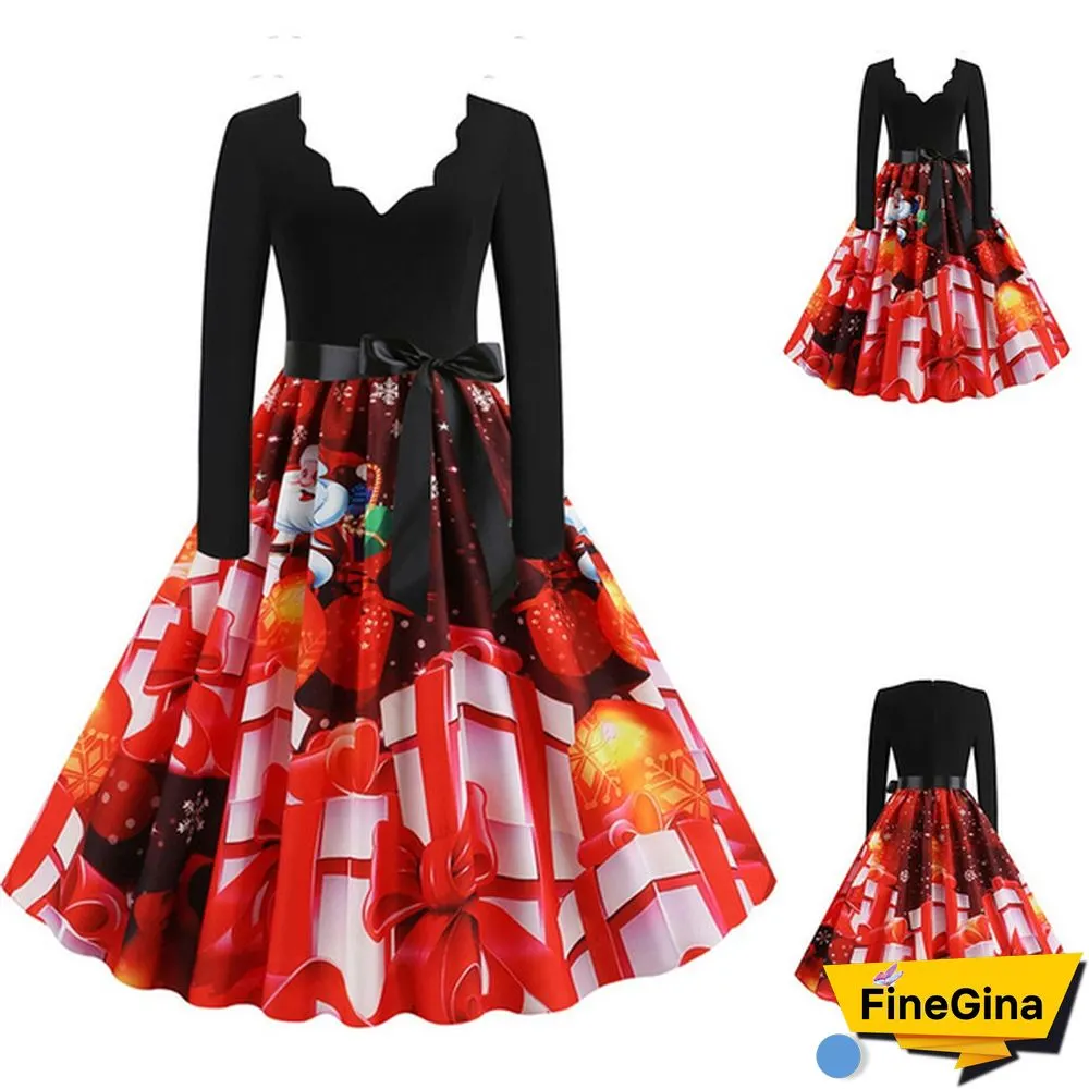 Womens Fashion Casual Dress Lace V Neck Christmas Deer Musical Notes Cat Print Santa Cluas Snowflake Dress Christmas Dress Print Vintage Flare Dress Bowknot High Waist Swing Dress