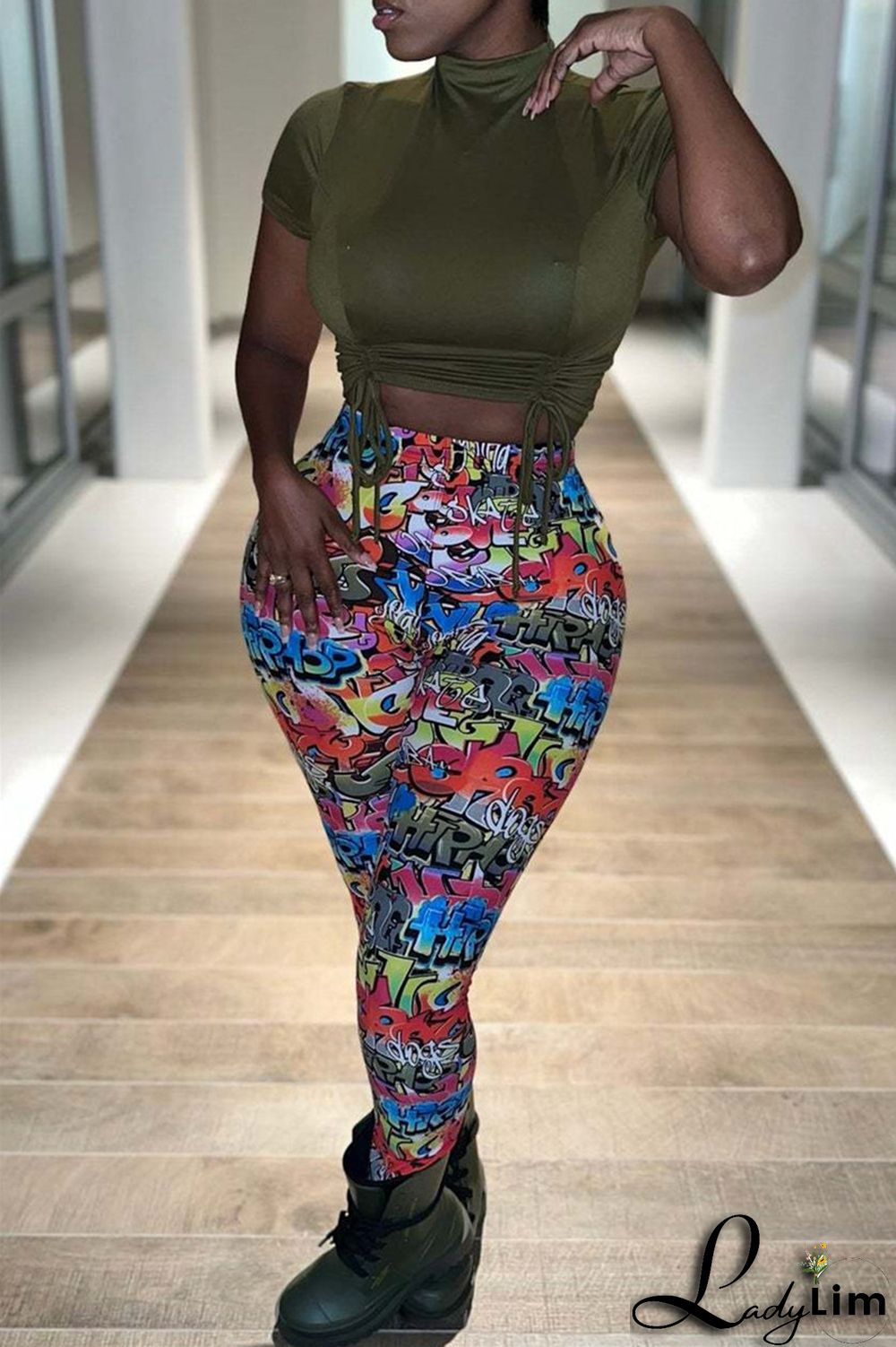 Yellow Fashion Casual Print Basic Skinny High Waist Pencil Trousers