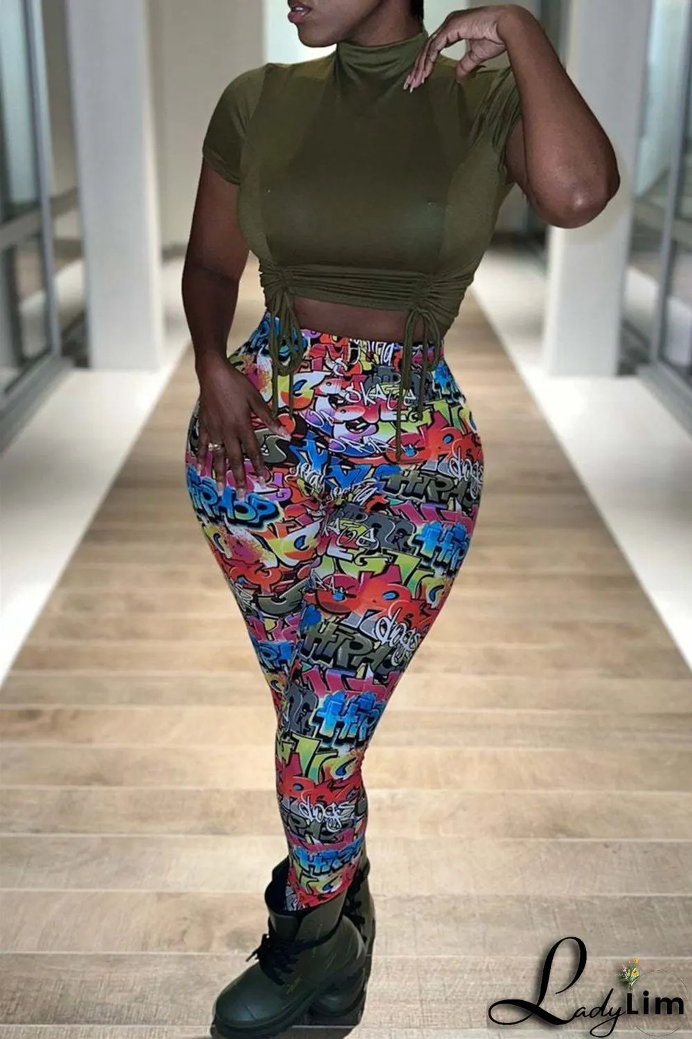 Yellow Fashion Casual Print Basic Skinny High Waist Pencil Trousers