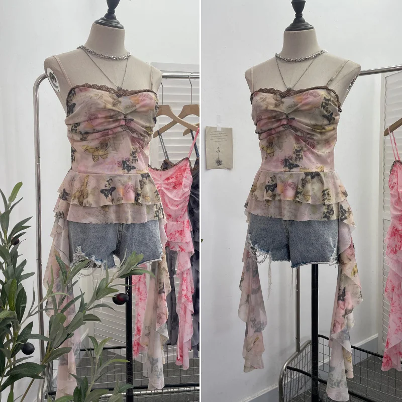 Uveng Real Shooting Atmosphere Feels A Mesh Yarn-Print Sling Vest Irregular Ribbon Splicing Lace Sleeveless Top 9968