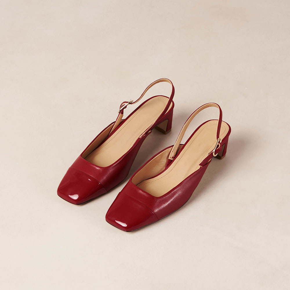 Red Patent Leather Square Toe Chunky Heel Buckled Slingback Pumps Nicepairs