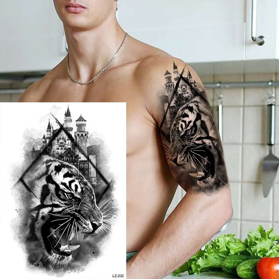 Big Black Bull Totem Arm Temporary Tattoos For Men Adult Tiger Anchor Realistic Fake Tattoo Sticker Body Art Tatoo Armband