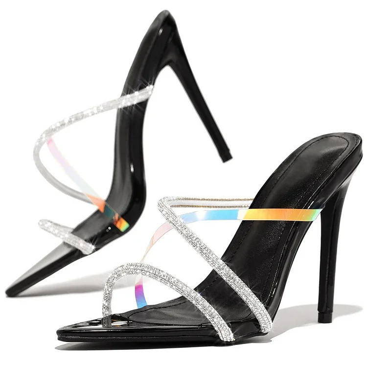 Black Open-Toe Rhinestone Crossover Strap High Heel Mules |FSJ Shoes