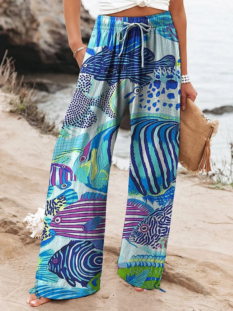 Women's Vintage Lovely Fish Art Printed Cotton And Linen Casual Pants