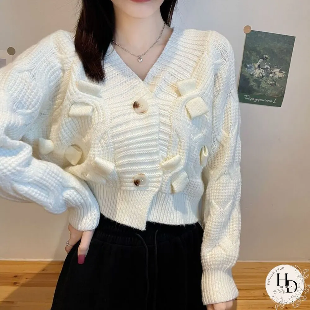 Sweet Bow Women Cardigan Sweater Autumn Winter Fashion Harajuku Crop Tops Female Casual Korean Long Sleeve Y2k Sweater New