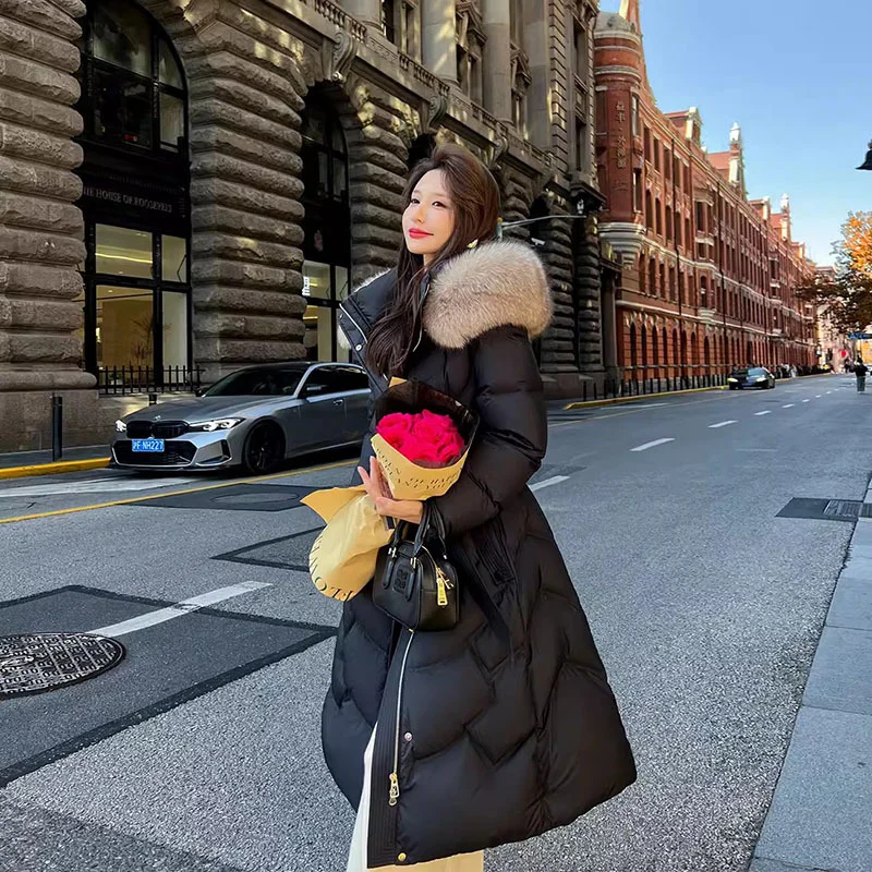 Toloer High-End Fox Big Fur Collar Down Jacket Women's Long Style 2024 Winter Knee Bundle Waist Show Thin White Duck Down Fashion Coat-Outfit Ideas