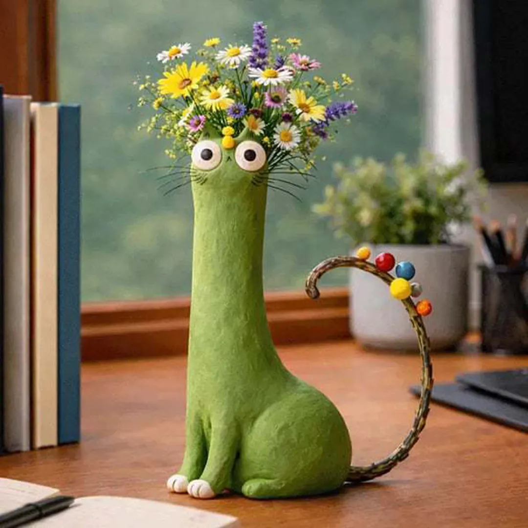 Handcrafted Quirky Cat Vase Modern Whimsical Resin Cat Flower Vase Creative Ornament for Living Room Office Study Home Decoration