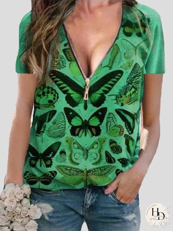 Butterfly Print Zipper V-neck Pullover Top