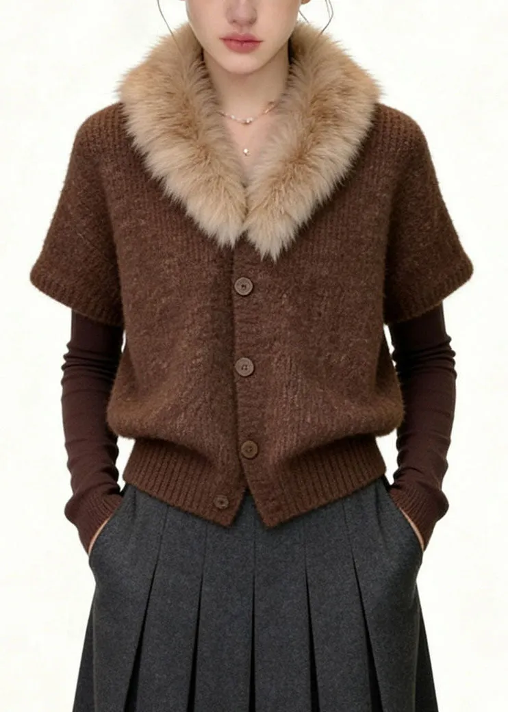 Unique Coffee Fur Collar Patchwork Cotton Knit Coats Fall