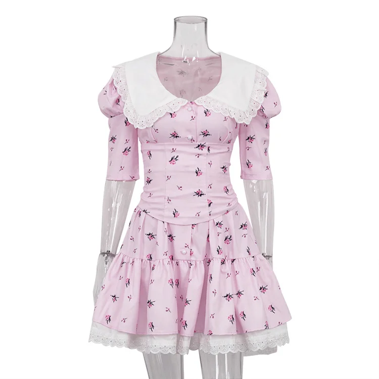 Ueong Ueong Summer New Doll Collar Short-Sleeved Floral Dress Temperament Fashion Waist Bouagant Skirt