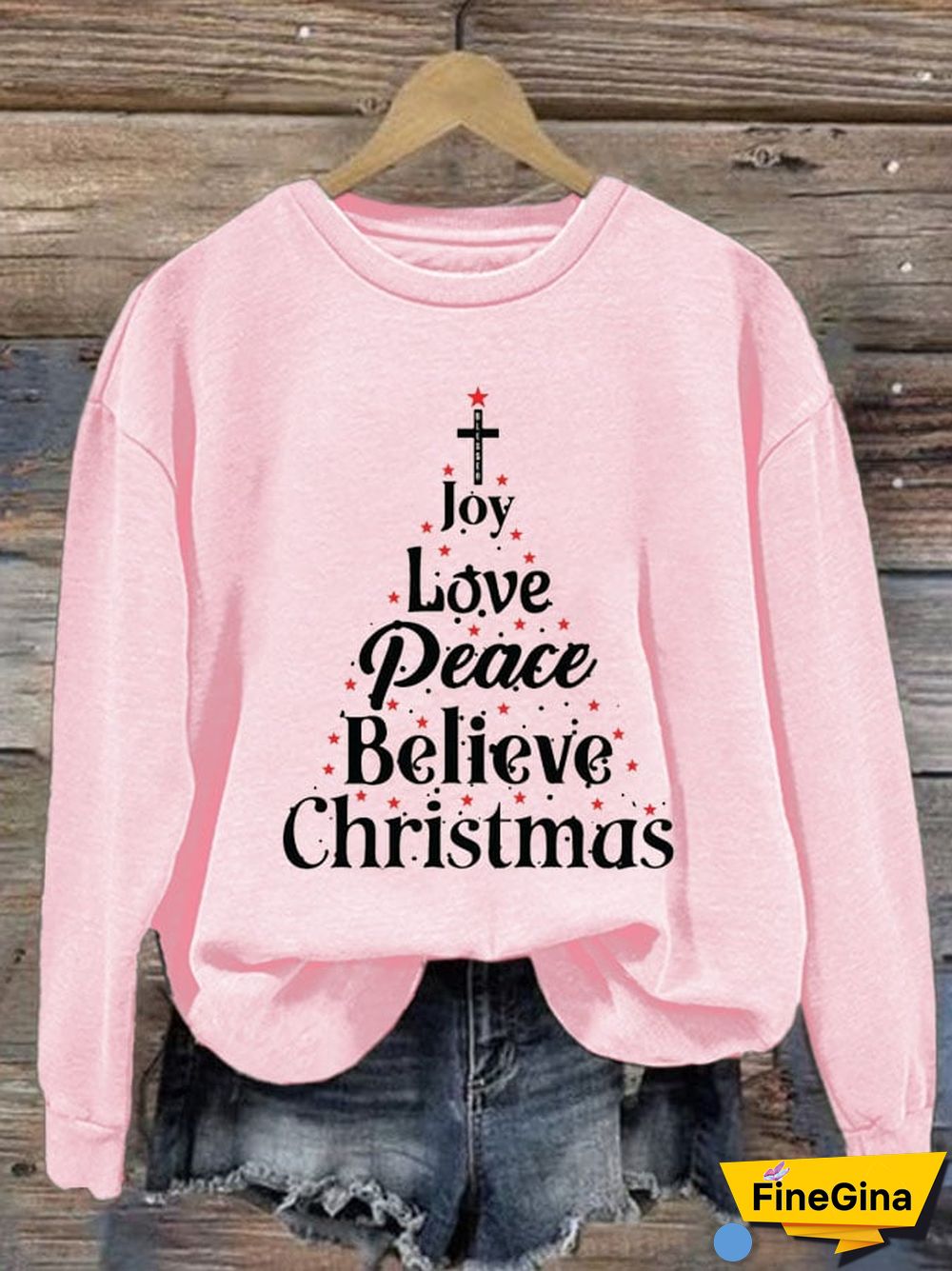 Women'S Joy Love Peace Believe Christmas Crew Neck Sweatshirt