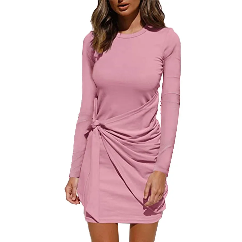 Casual Solid Color Knotted Pleated Long Sleeve Dress Women