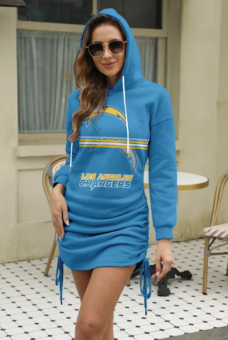 Los Angeles Chargers  Women's Casual Drawstring Side Ruched Hoodie Dress