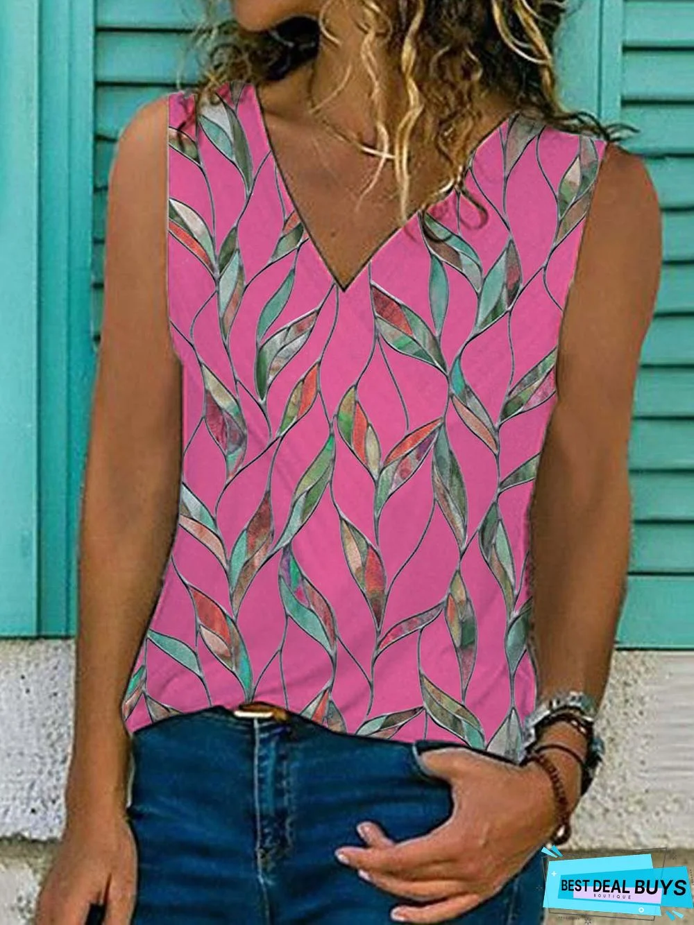 Leaves Sleeveless  Printed  Cotton-blend V neck  Holiday Summer Pink Top