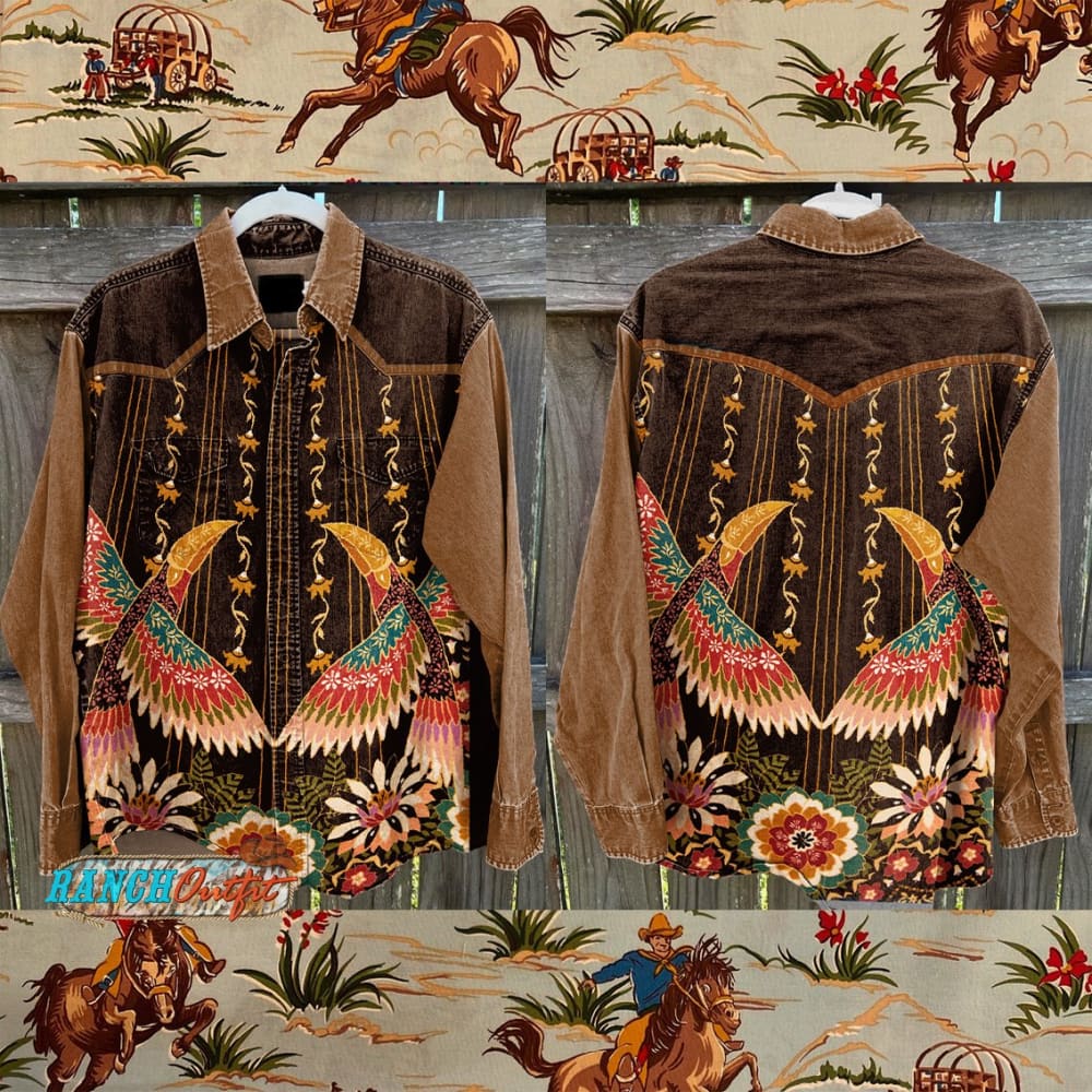 Vintage Western Cowboy Art Print Casual Shirt Multicolor / S