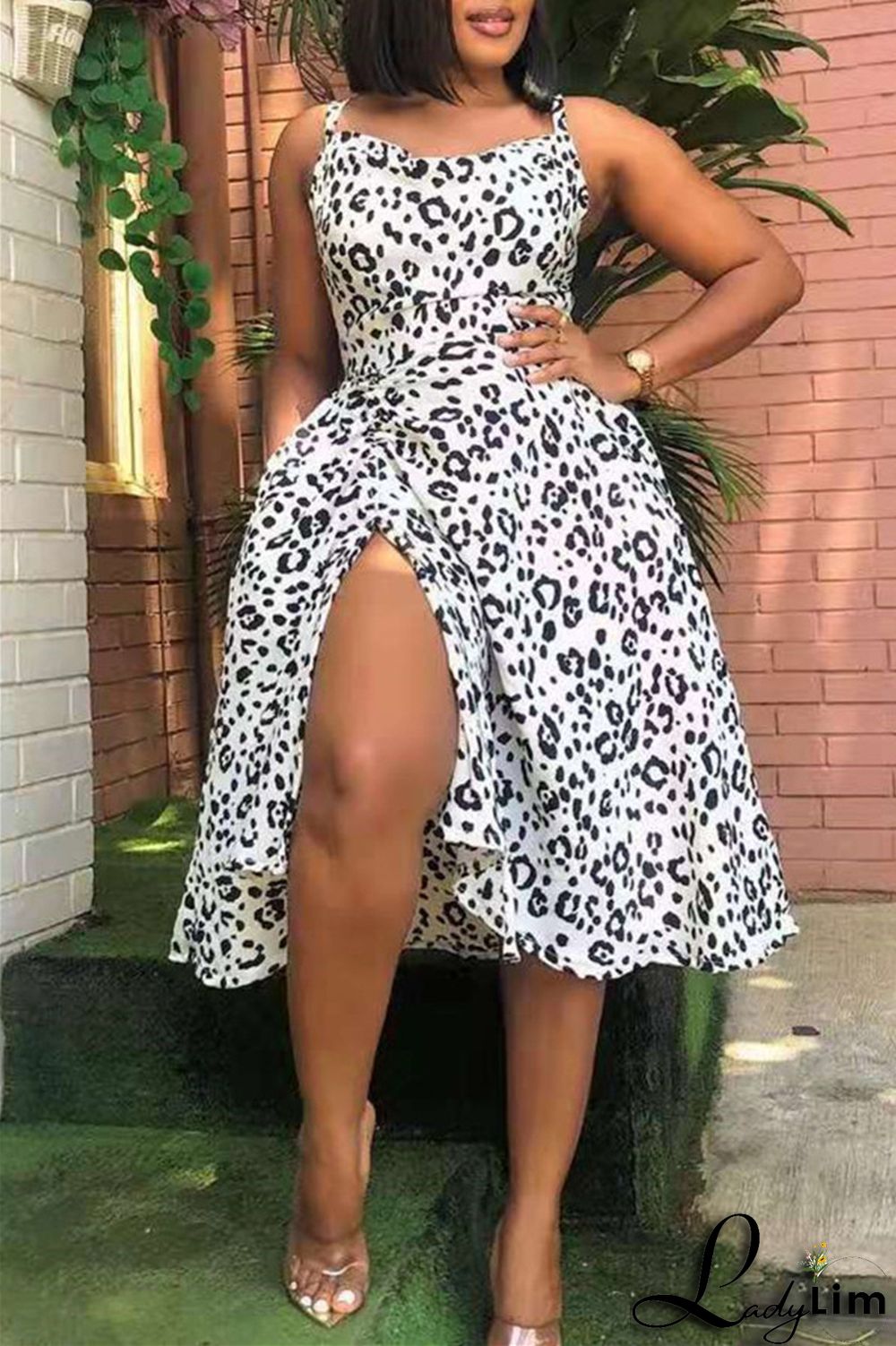 Deep Blue Fashion Sexy Print Backless Slit Square Collar Sling Dress