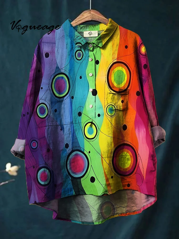 Rainbow Color Matching Creative Stitching Printed Cotton And Linen Shirt