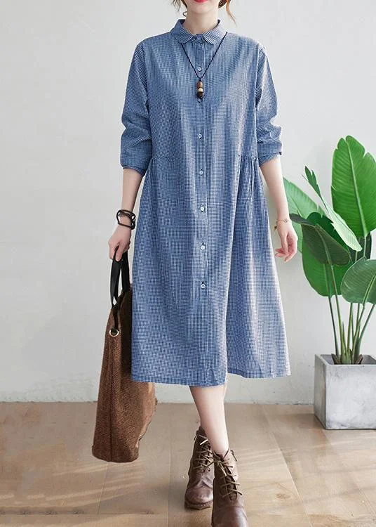 Loose Lapel Cinched Spring Tunic Sewing Blue Plaid Long Dress