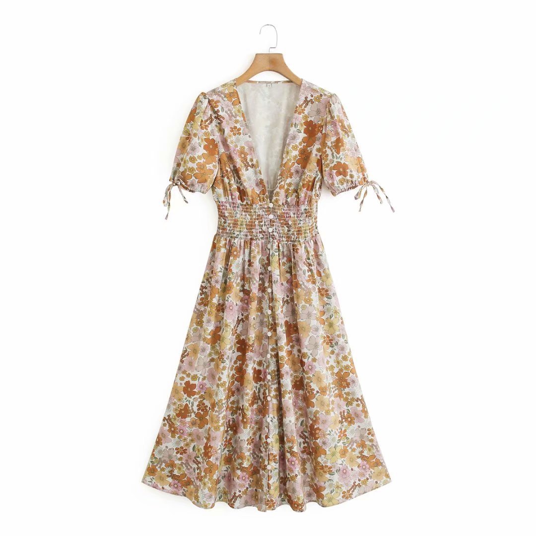 Women's Summer Printed Pleated Waist Tight Long Dress