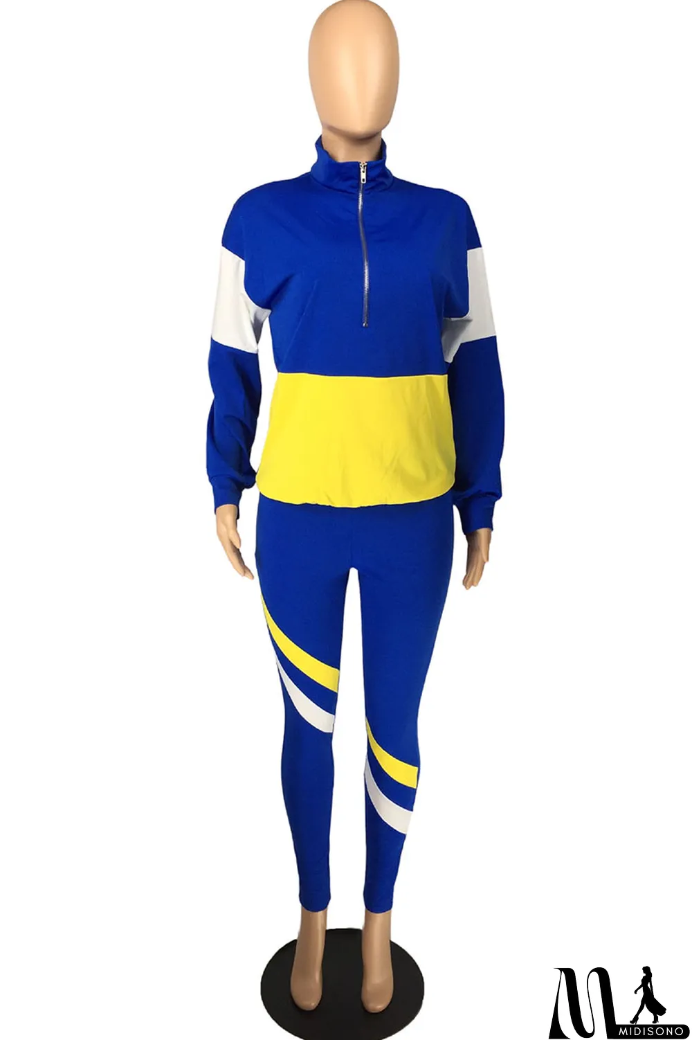 MidiSono - Fluorescent green Casual Striped Print Zippered Split Joint Mandarin Collar Long Sleeve Two Pieces