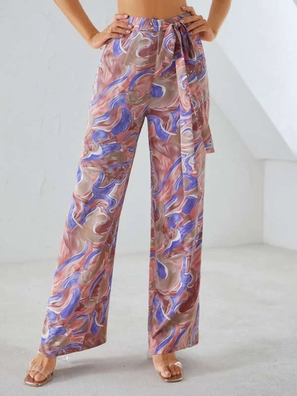 Double Crazy All Over Print Wide Leg Belted Pants