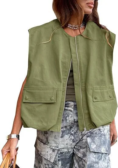 Nigikala Nigikala New Sleeveless Pocket Loose Vest Zipper Coat Woman