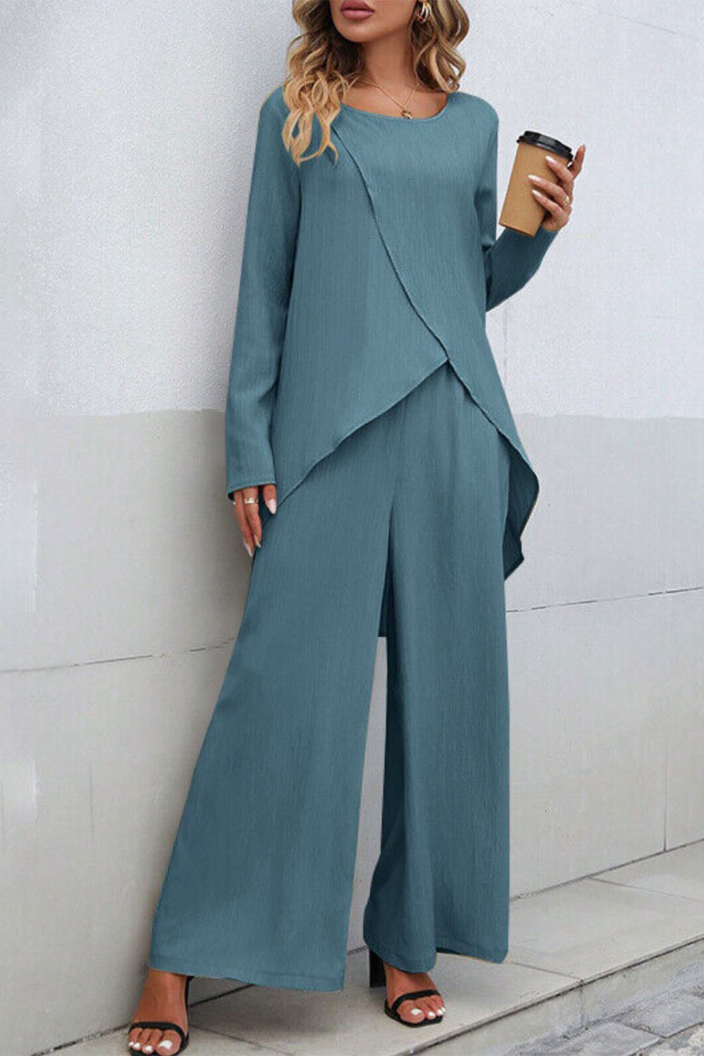 Plus Size Everyday Black Long Sleeve Asymmetrical Hem Wide Leg Two Piece Pant Suit 2024 - Flycurvy 