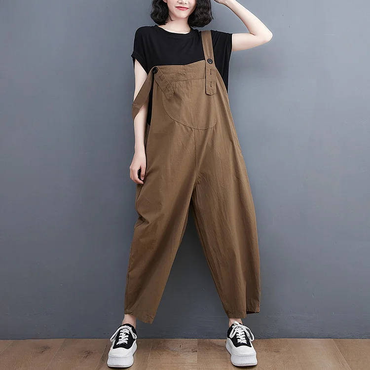 Literary Retro Solid Color Straight Strap Jumpsuit