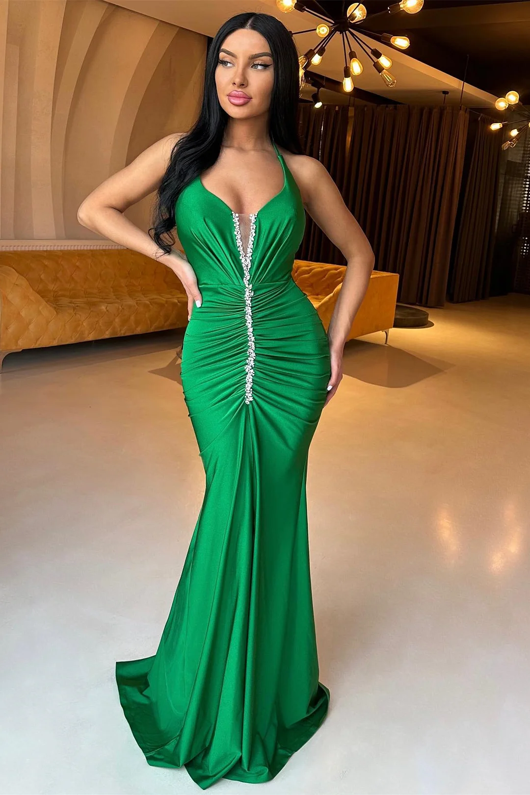 Bellasprom Green Halter Mermaid Prom Dress Beadings With Front Split