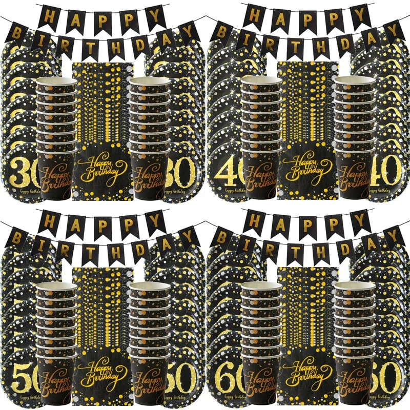 1set 30th 40th 50th 60th happy birthday party decorations adult anniversary party supplies gold black paper plate cup napkin