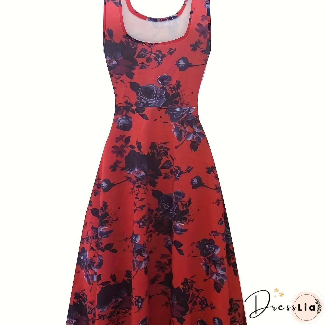 Plus Size Elegant Dress, Women's Plus Floral Print Round Neck Medium Stretch Tank Dress