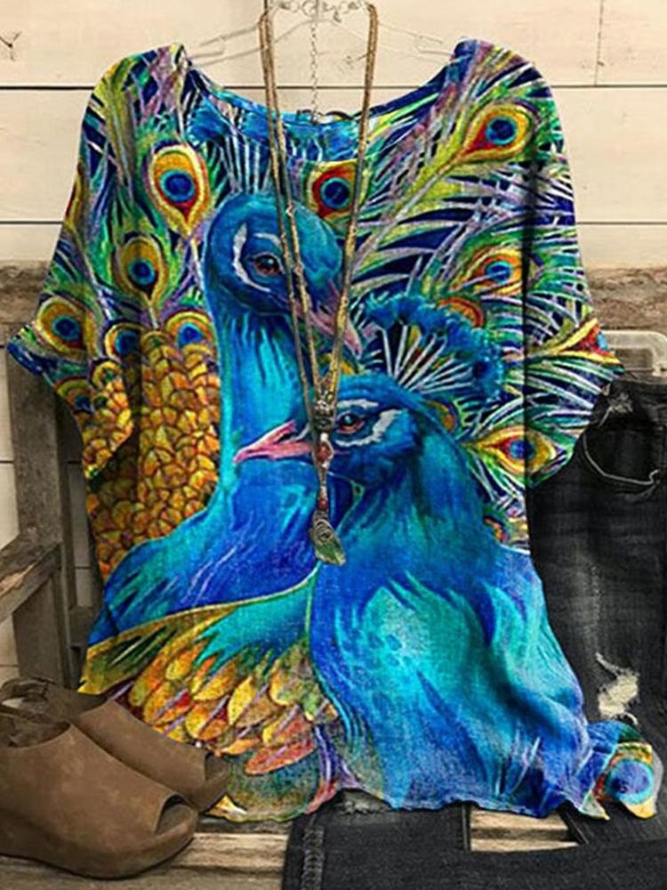 Cotton Linen Vintage Peacock Print Casual Short Sleeve Top