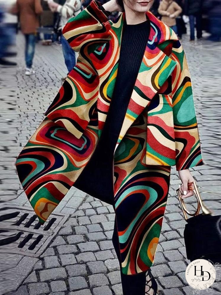 Coats Printed Long Sleeve Warm Woolen Coat for Women