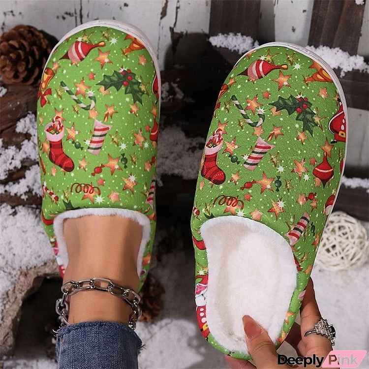 Christmas Elements Print Indoor Warm Plush Flat Slippers