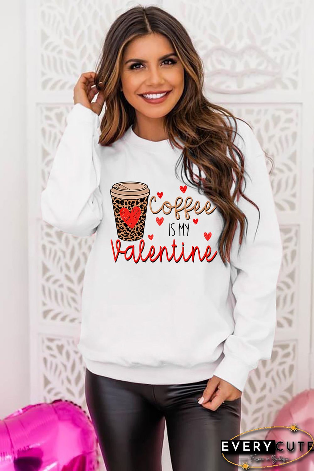 Letter Leopard Heart Graphic Print Long Sleeve Pullover Sweatshirt