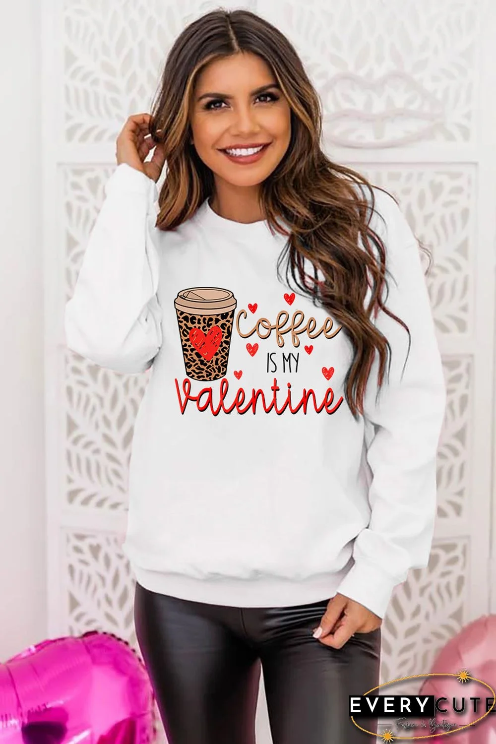 Letter Leopard Heart Graphic Print Long Sleeve Pullover Sweatshirt