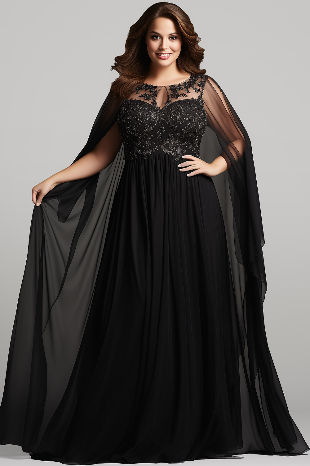 Flycurvy Plus Size Wedding Guest Black Chiffon Sequined Lace Cape Sleeve Maxi Dress