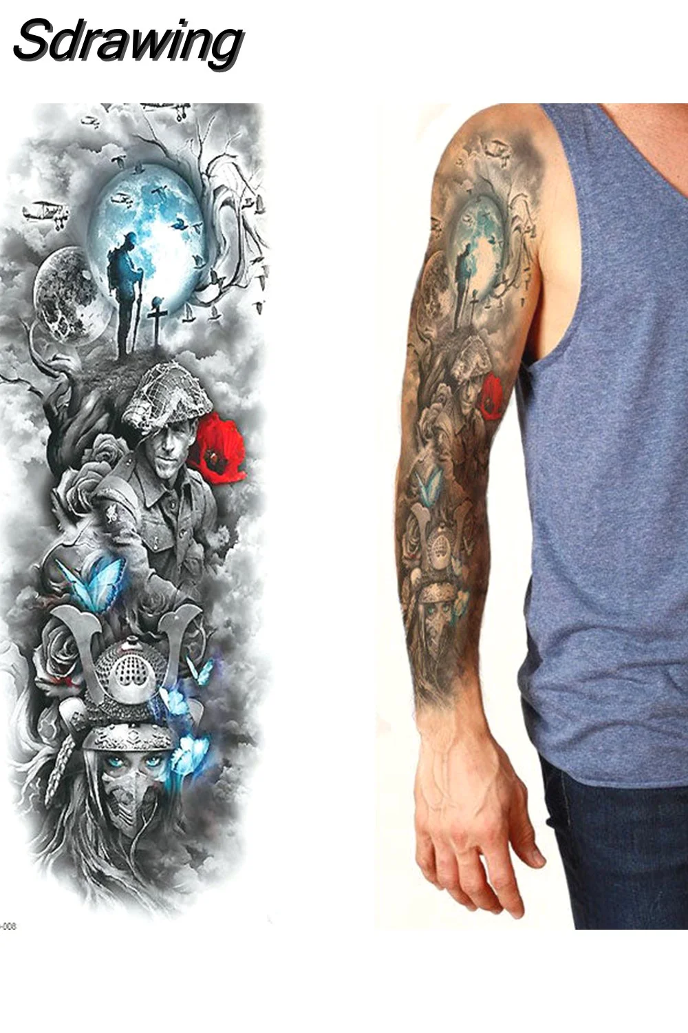 Sdrawing Sheets Full Arm Leg Extra Large Temporary Tattoos, Body Art For Men And Women - Wolf,Tiger,Bear,Warrior,Tribal Symbol 430-0